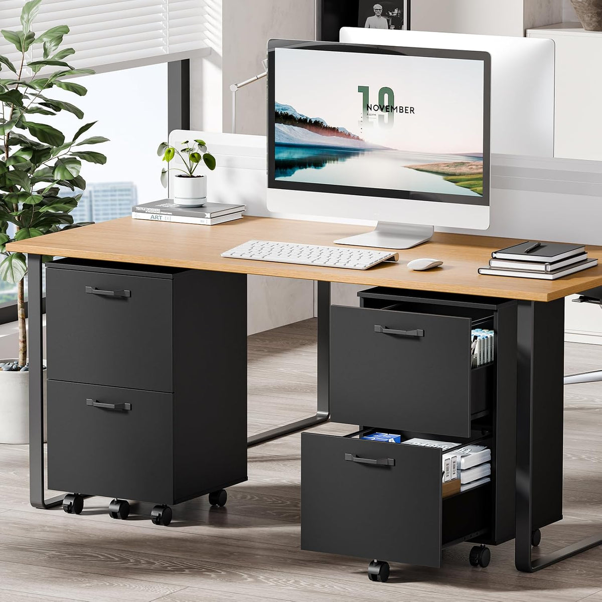 DUMOS 2 Drawer File Cabinet, Rolling Wood Storage Cabinet, Black