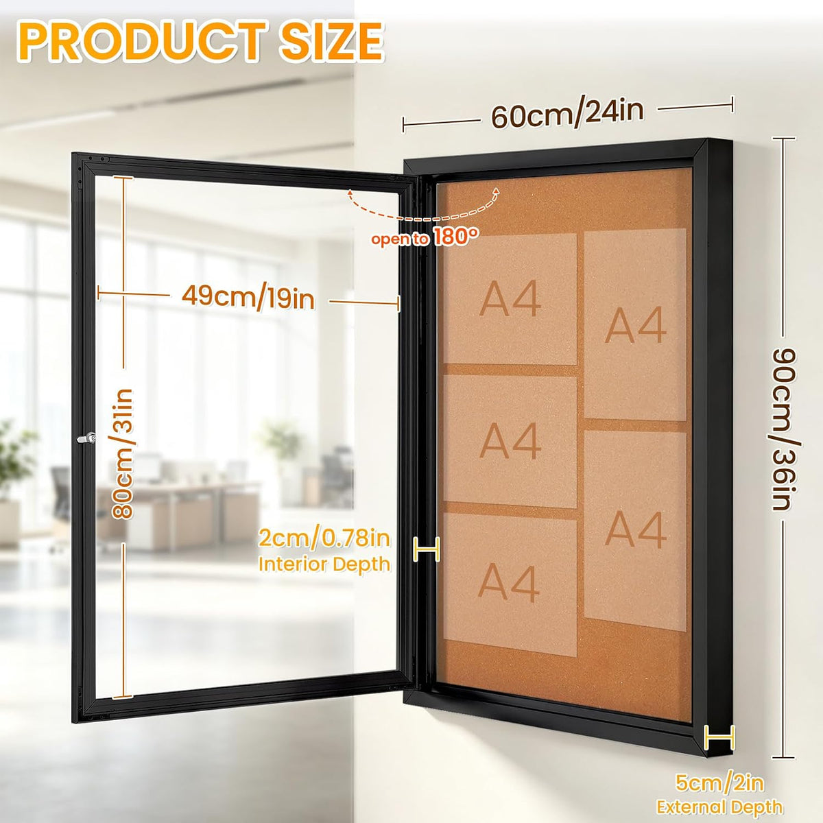 36x24 in Enclosed Bulletin Board Outdoor Cork Board Display Case, Black