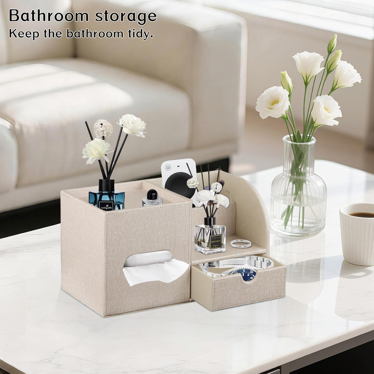 PU Leather Tissue Box Cover Square with Drawer Storage and Tray on Top