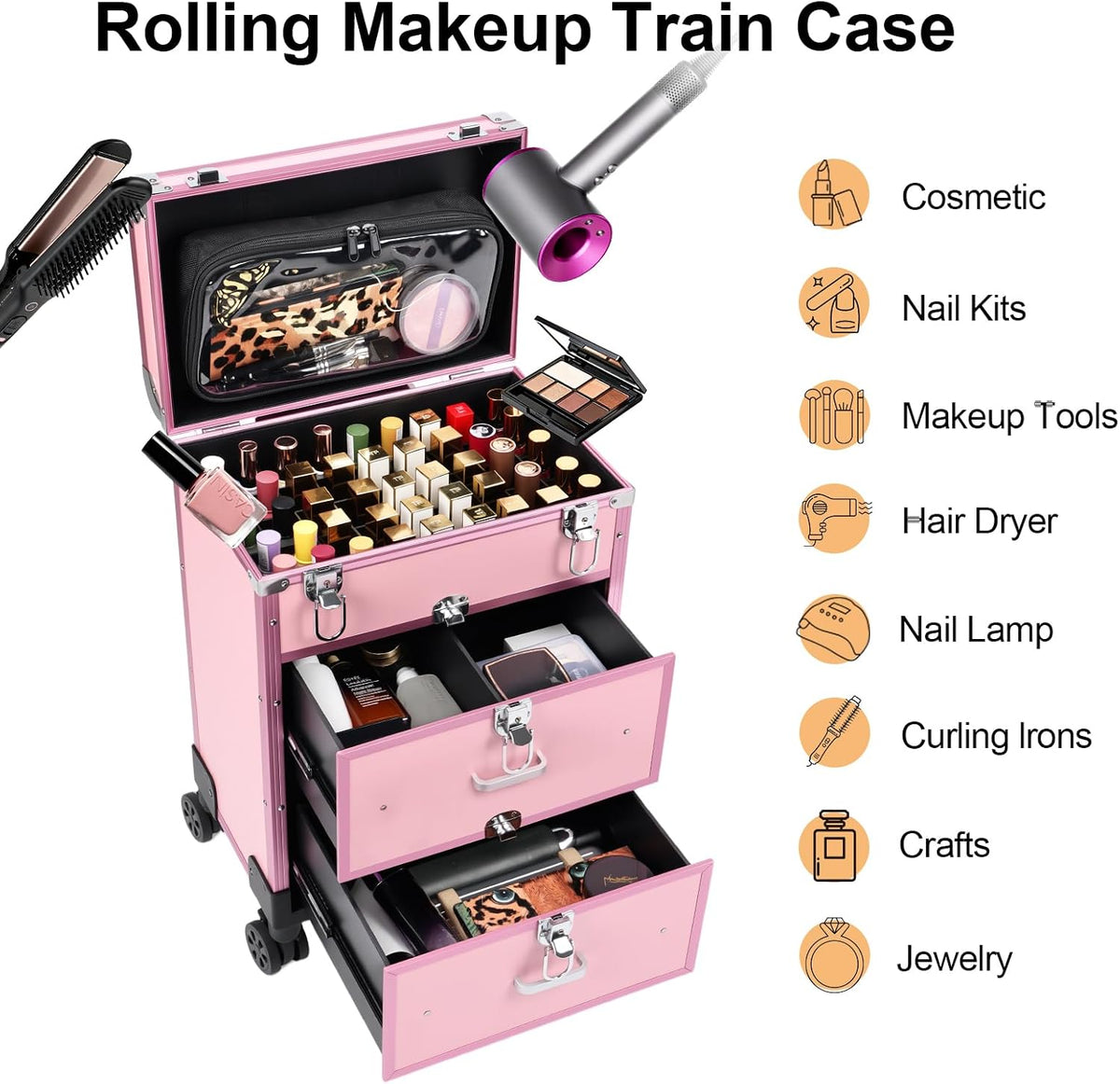 3 in 1 Rolling Makeup Case, Professional Cosmetology Case on Wheels, Detachab...