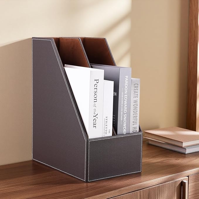 KINGFOM Wooden Leatherette Desktop File Folder Organizer and Document File - Image 8