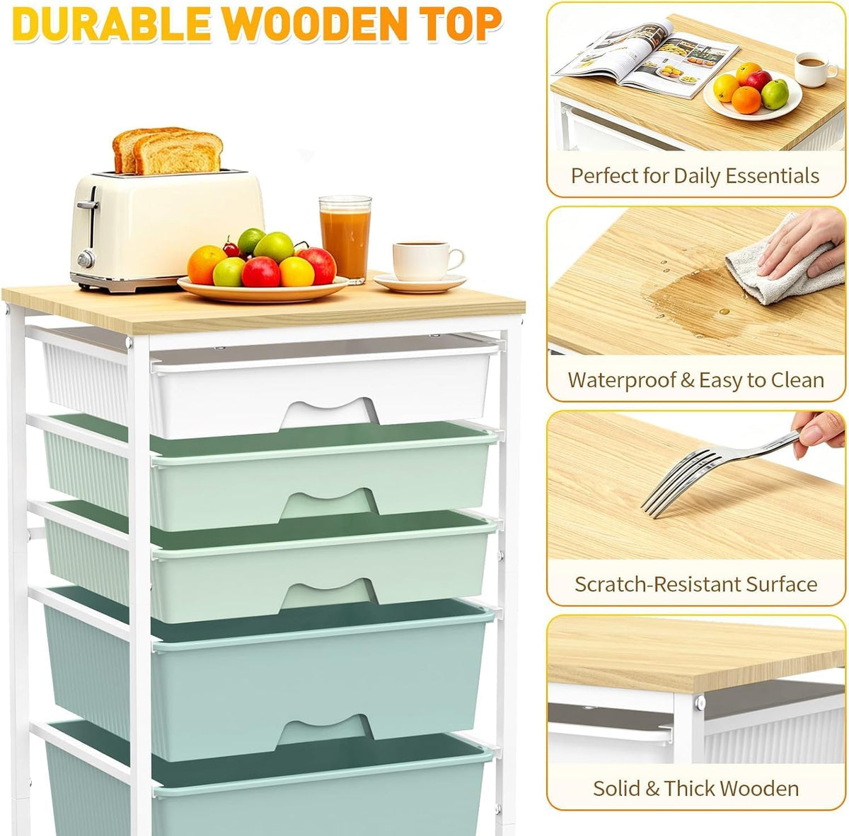 SUNALLY Rolling Carts With 5 Drawers, Storage Drawer Carts for Craft, Green
