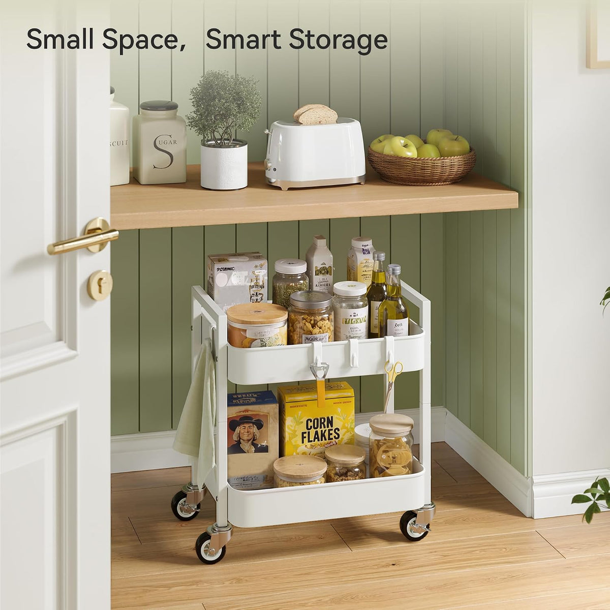 Nunsino Small 2 Tier Rolling Cart Under Desk Storage with Wheels,White