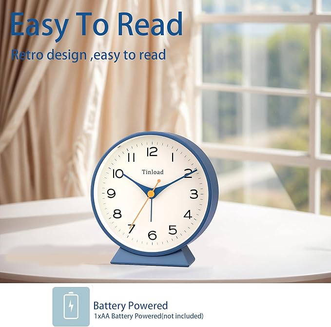 Tinload 4.5" Battery Operated Retro Analog Alarm Clock, Small Silent Bedside - Image 3