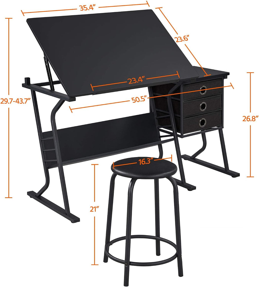 Topeakmart Height Adjustable Drafting Table Art Craft Desk Work Station Hobby Design Studio Tiltable Tabletop Drawing Desk with Stool & Storage Drawers
