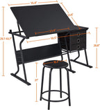 Topeakmart Height Adjustable Drafting Table Art Craft Desk Work Station Hobby Design Studio Tiltable Tabletop Drawing Desk with Stool & Storage Drawers