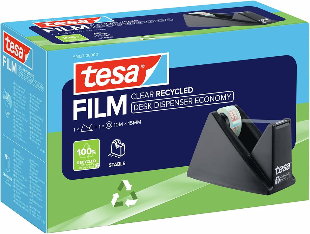 tesafilm Desk Dispenser for Adhesive Tape- Black Includes 1 roll of tesafilm Eco and Clear 10 m x 15 mm