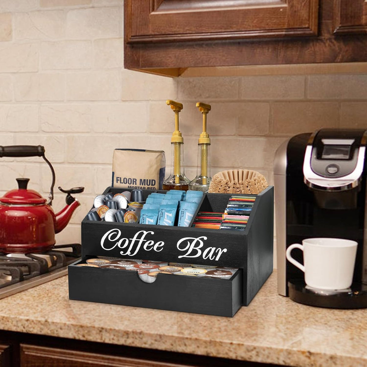 Coffee Bar Organizer Countertop, Wooden Bar Accessories With Drawer, Coffee S...