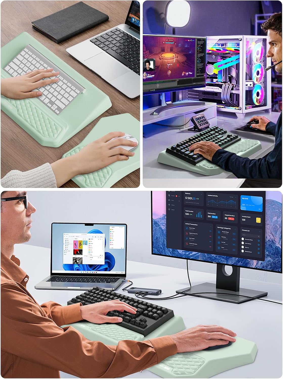 3-in-1 Ergonomic Keyboard Stand with Wrist Rest & Mouse Pad Set,Light Green