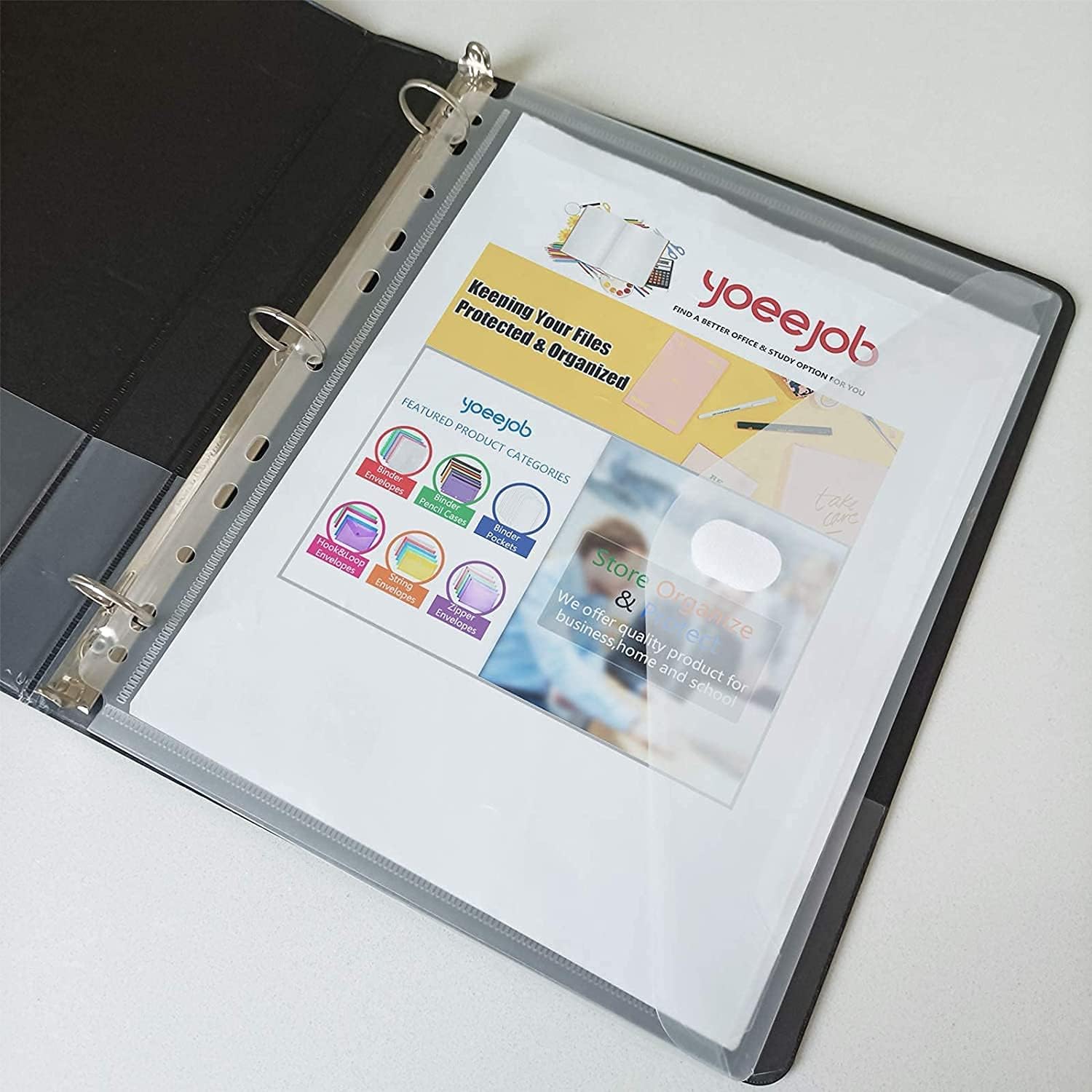 YoeeJob 10 Pack Binder Pockets with Hook and Loop Closure, Transparent | Letter size, clear PVC, 11 pre-punched holes, fits 2-, 3- and 4-ring binders, suitable for school and office use.