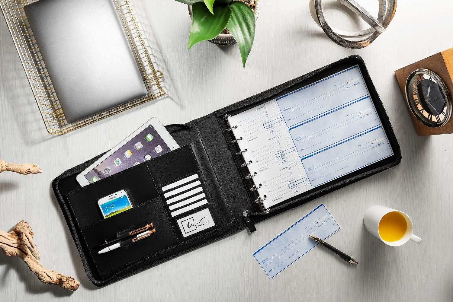 Inkline 7 Ring Check Binder Portfolio -Professional PU Leather Binder with Zippered Closure -500 Check Capacity -9x13 Inch Sheets -Document & Card Organizer - Large Tablet Pocket - Black (80001)