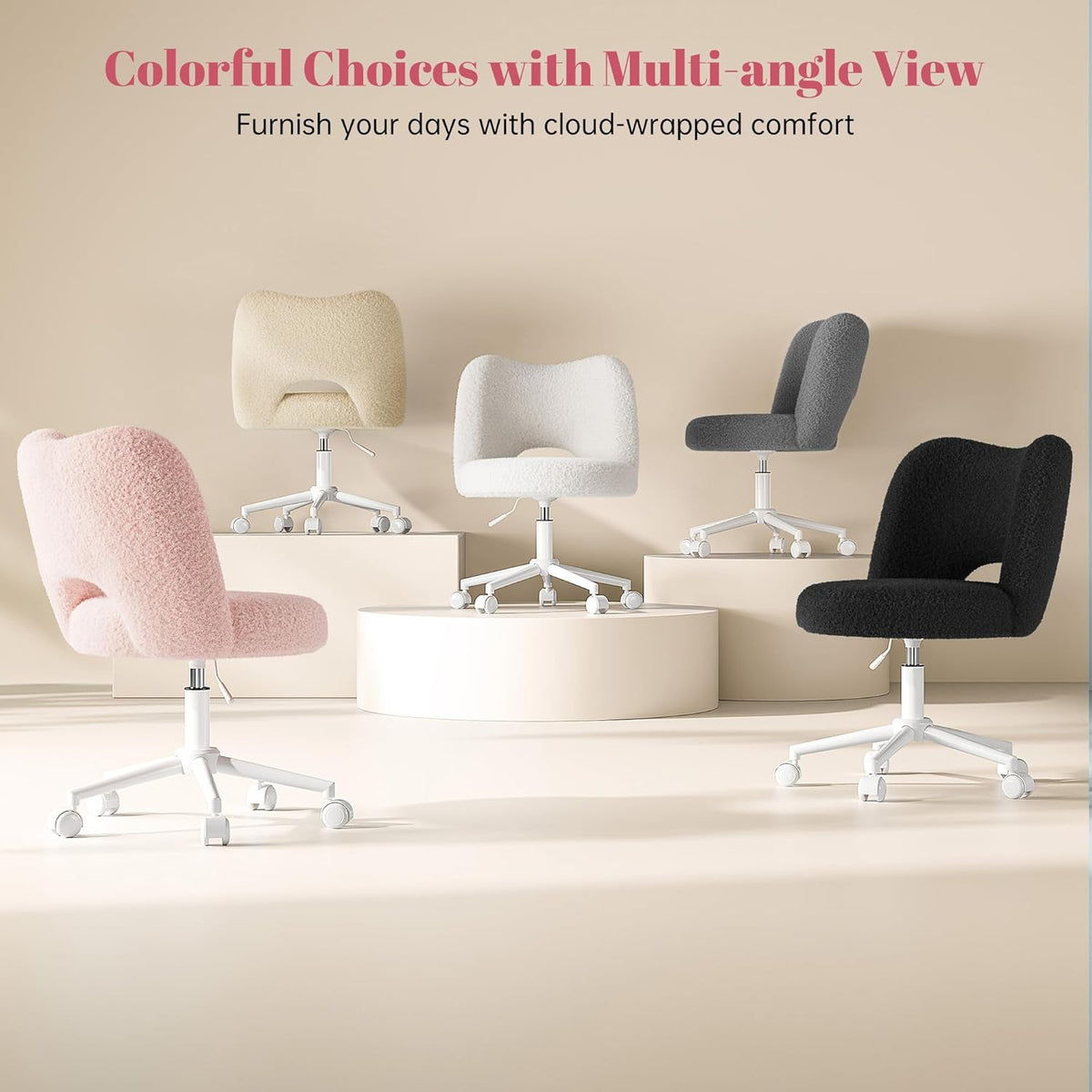 DurayLoly Vanity Chair with Open Back & Wheels,Armless,Pink | Armless,Silent Wheels, Height Adjustable, Soft Teddy Fabric, 360° Swivel for Bedroom Vanity & Home Office, Candy Pink