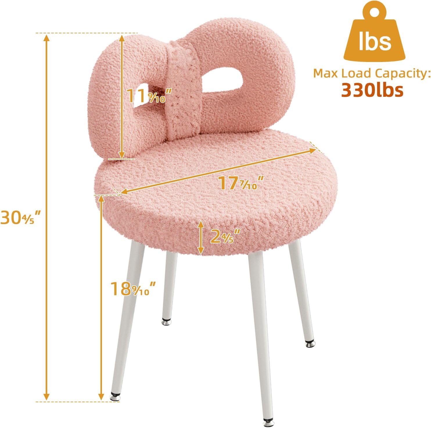 ROOMTEC Swivel Vanity Chair with Back, Upholstered Desk Chair for Girls, Modern Makeup Vanity for Bedroom, Living Room (Pink)