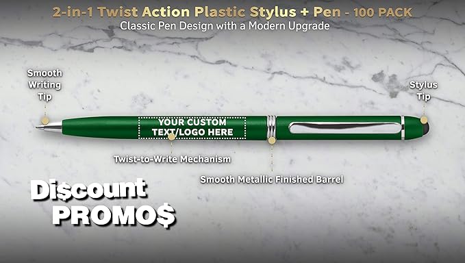 DISCOUNT PROMOS Custom Twist Action Plastic Stylus Pens, Personalized Bulk Pack - Image 3