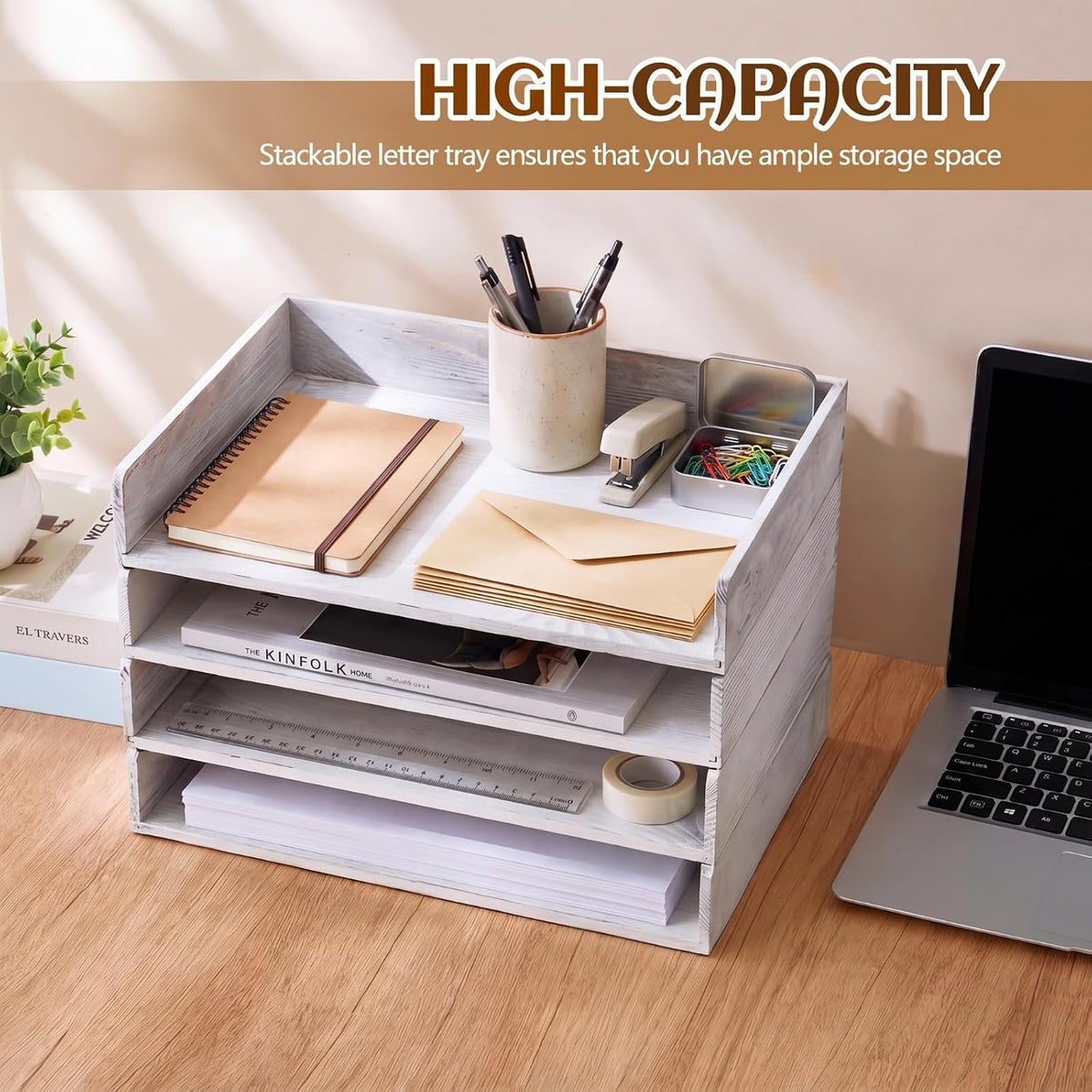 Yeaqee 4 Pcs Stackable Organizer Tray Wood Desk Organizer, Vintage White