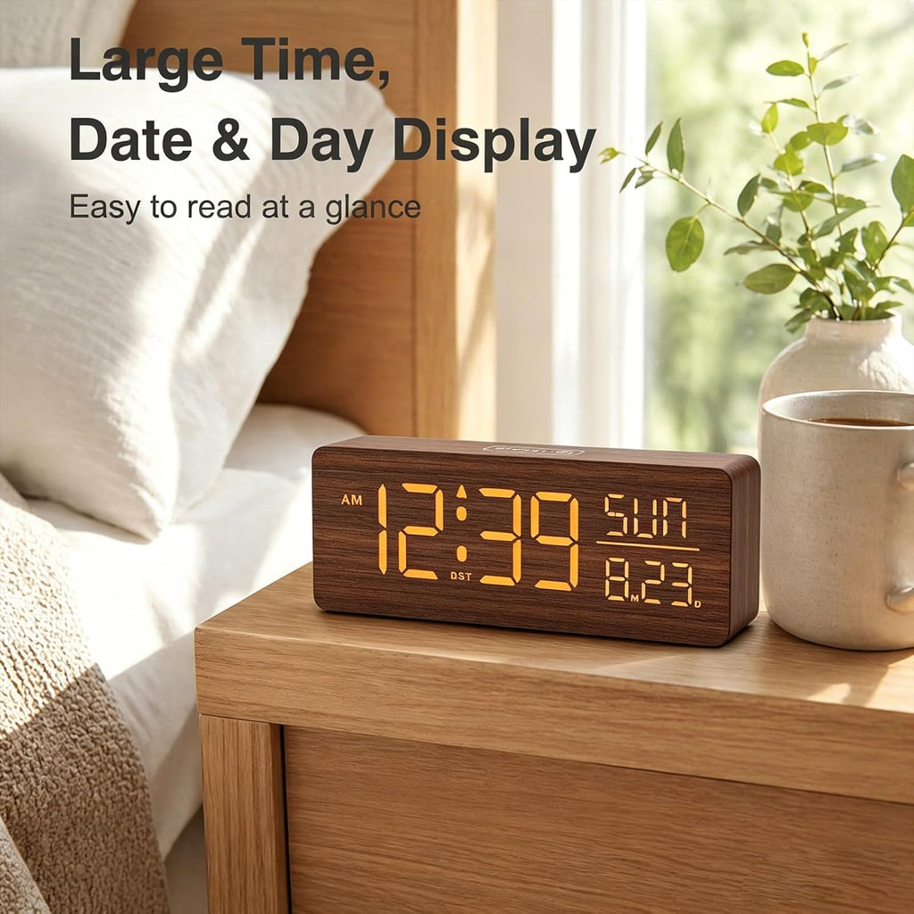 peakeep wooden digital alarm clock large display, textured, front angle view