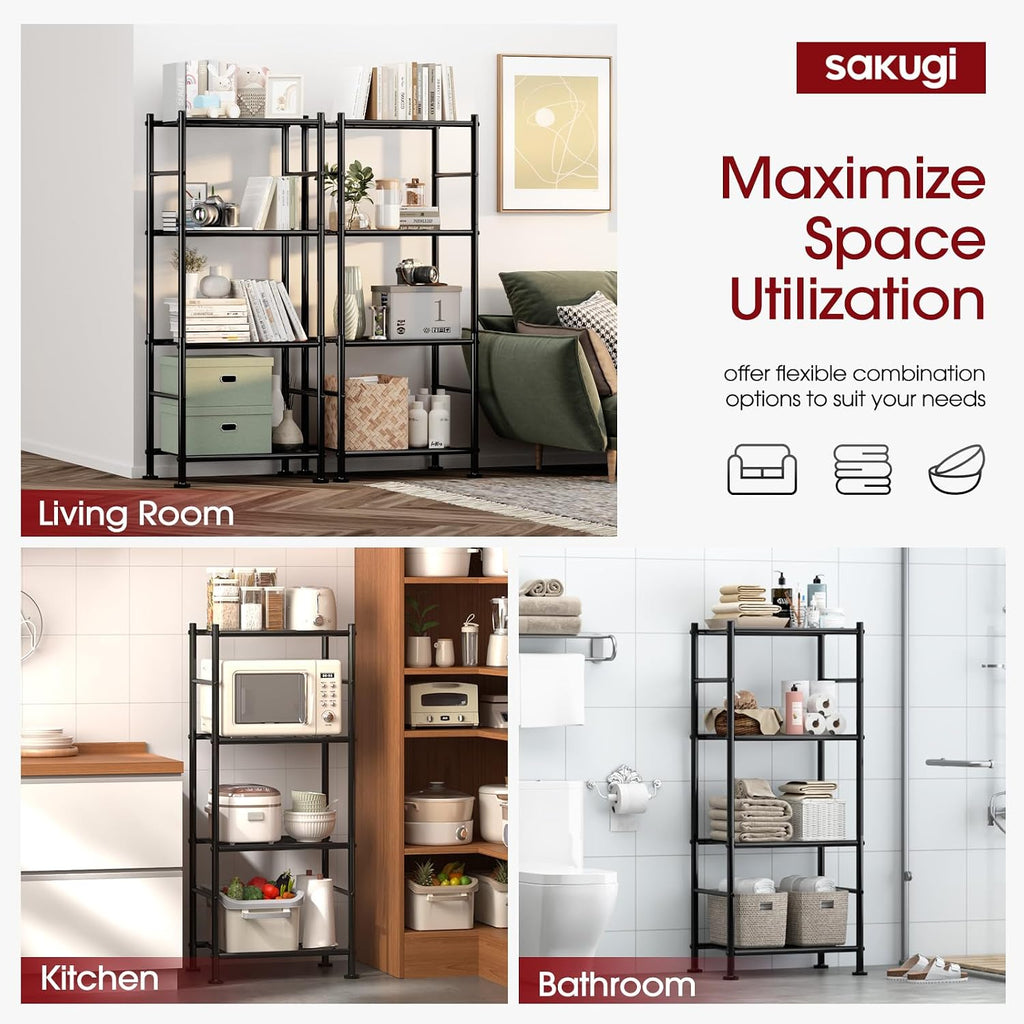 sakugi 2-pack 4-tier metal storage shelves, 18.4"x12.6"44.1", black, side view