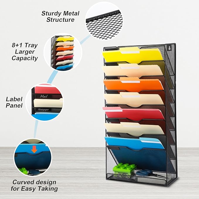 EASEPRES Desk File Organizer Mesh 9-Tier, Hanging Wall Mount Document - Image 4