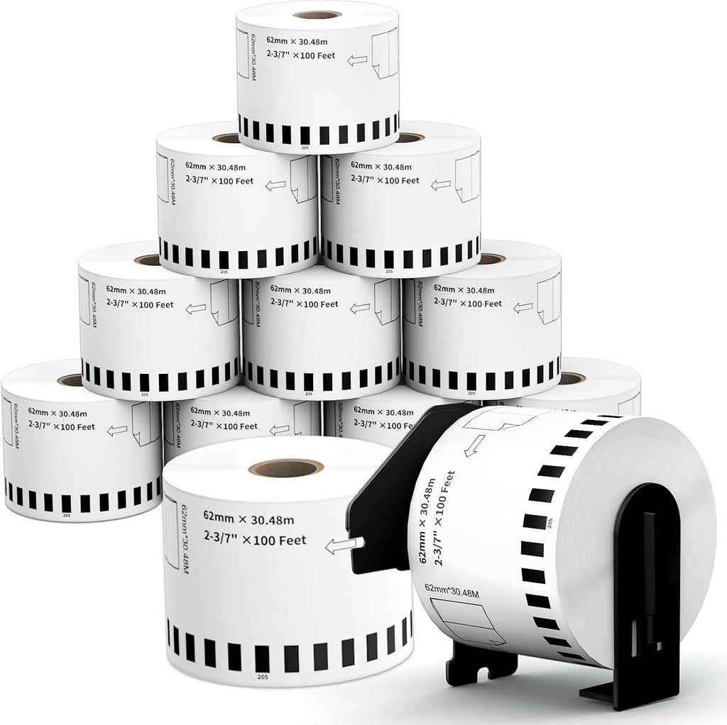 2.4 Inch x 100 Feet Continuous Thermal Labels, 12 Rolls | Replacement for Brother Dk-2205, Compatible with QL-Series Printers Listed Below, Includes One Reusable Frame