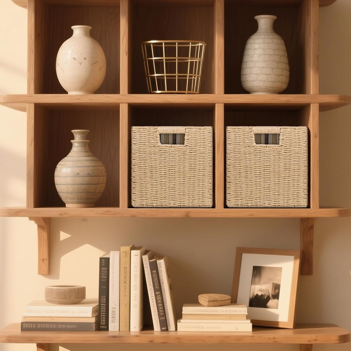 Wicker Storage Baskets for Organizing, 3 Pack Rustic Foldable Square Basket f...