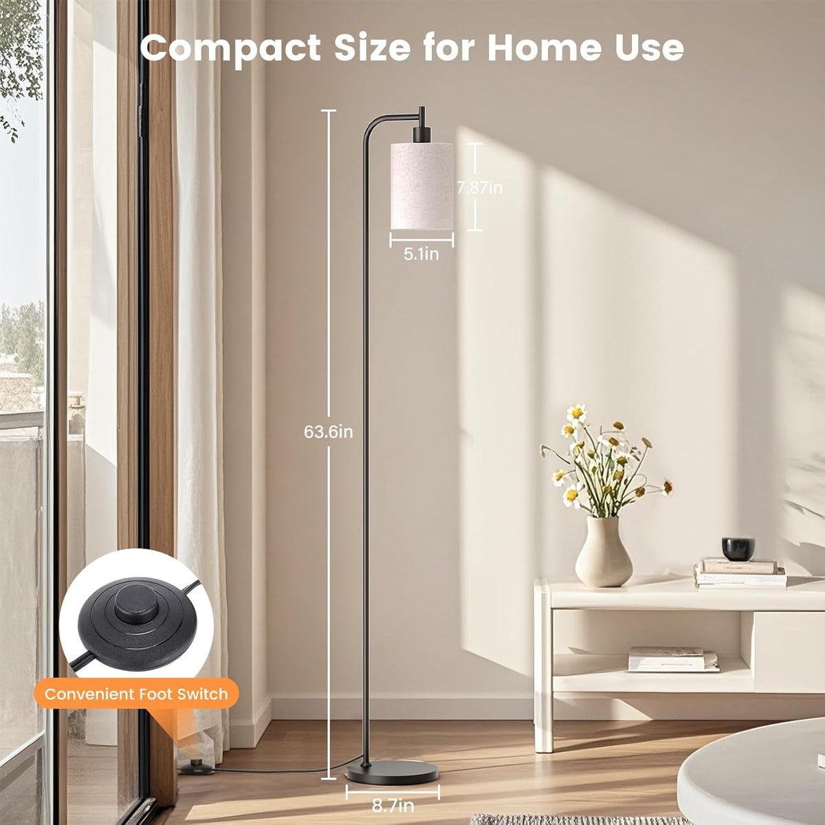 sibrille floor lamp with linen shade, dimmable tall, side view