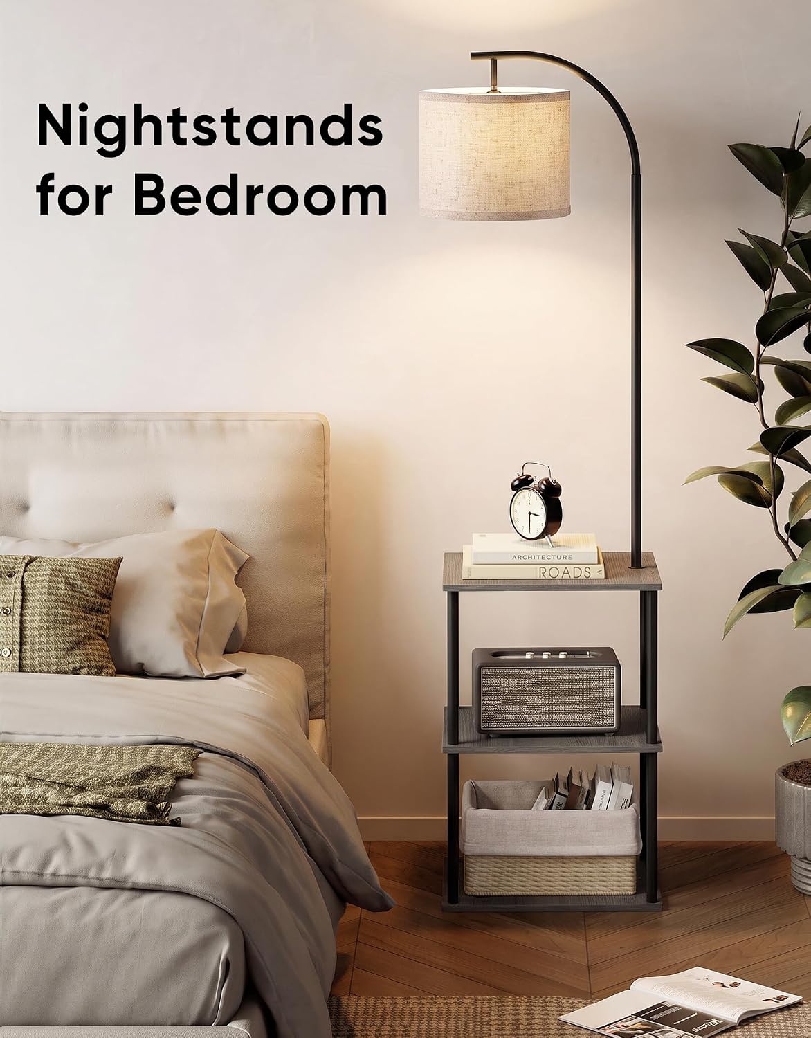 PARTPHONER Floor Lamp with Table, Night Stand with Lamp, Narrow Side Table wi...