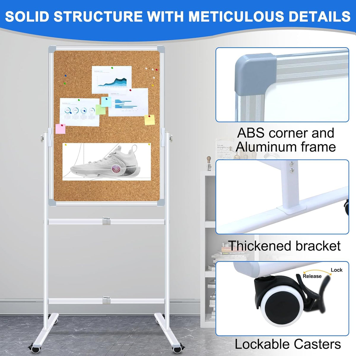 Max-officoo 30"x40" Double Sided Whiteboard & Cork Board on Whe...