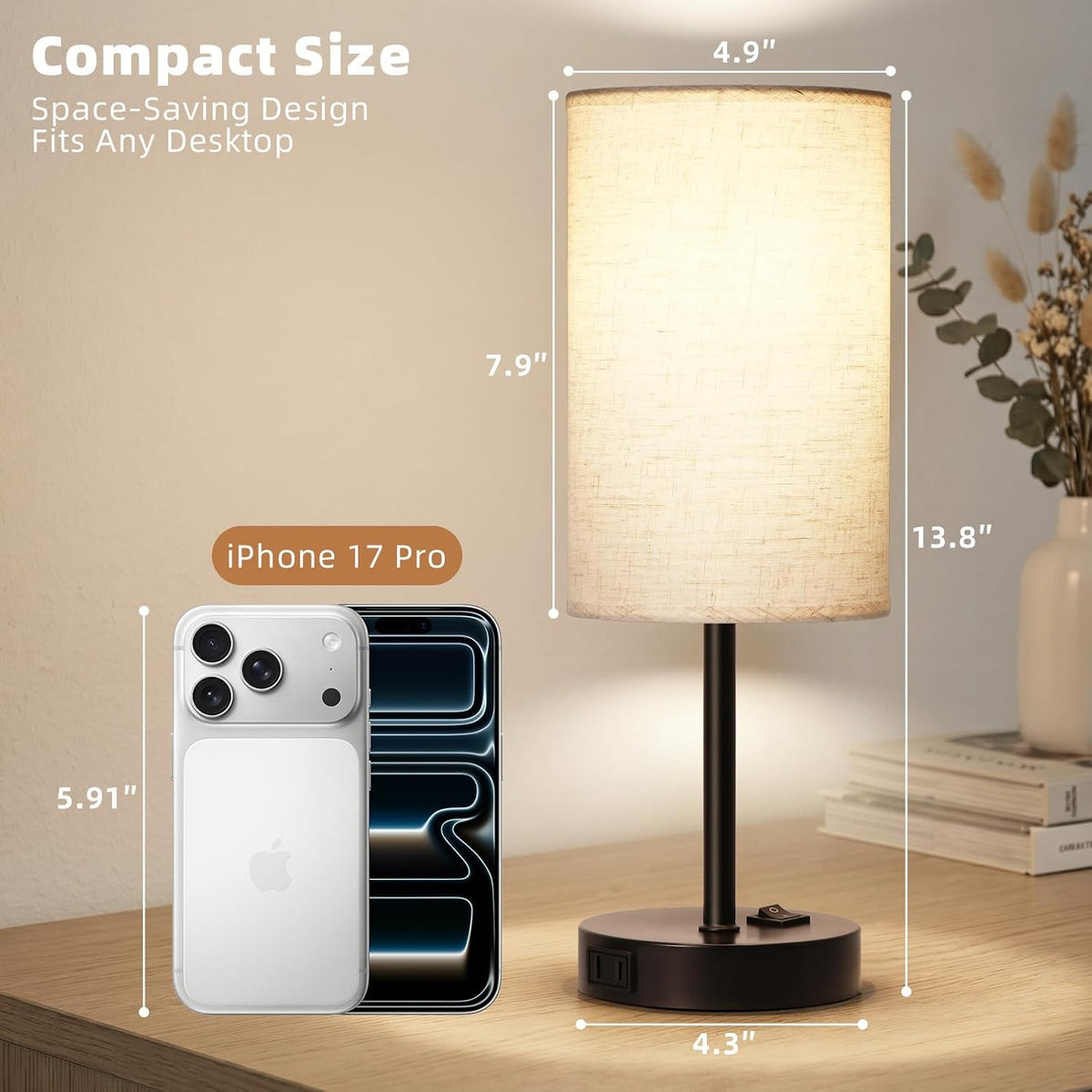 zjojo table lamp set of 2, 13.8" bedside, side view