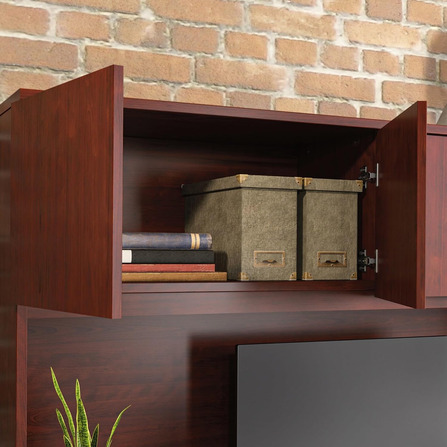 Pemberly Row Engineered Wood 60" x 36" Hutch, Classic Cherry Finish, Hidden Storage Behind Four Doors, Durable Office Desk Hutch for Workspace Organization