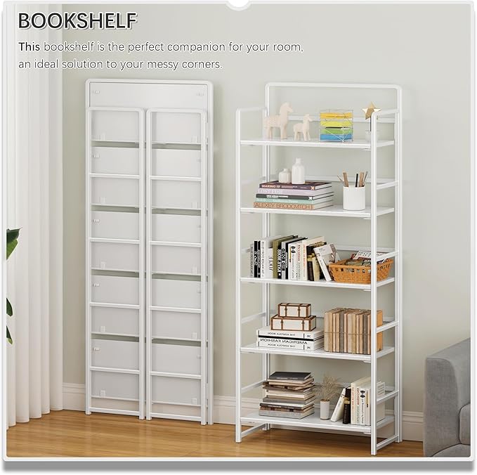 4NM No Assembly 5 Tiers Folding Bookshelf Storage Shelves Vintage Bookcase - Image 3
