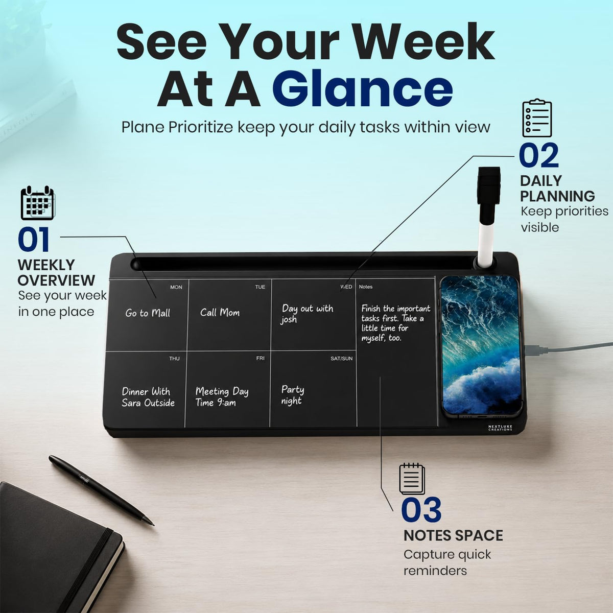NEXTLUXE Glass Desk Whiteboard with Wireless Charger - Desktop Whiteboard wit...