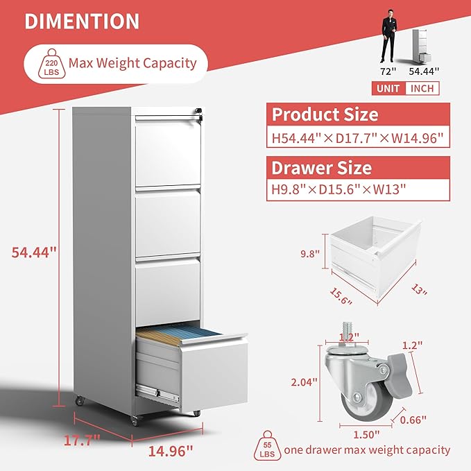 IKIMI 4 Drawer Locking File Cabinet - Image 3