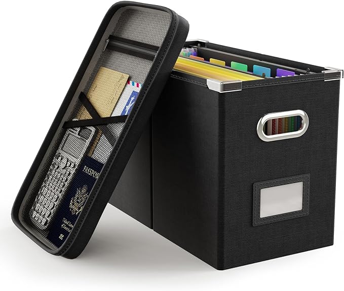 Oterri File Organizer Box with Lid, Hanging Filing File Box with Mesh Pocket by Oterri