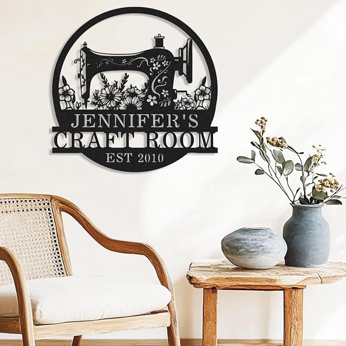 Custom Name Sewing Room Sign, Personalized Flowers Sewing Machine Metal Wall - Image 3