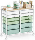 Rolling Storage Cart with 12 Drawers, Wooden Tabletop Utility Cart