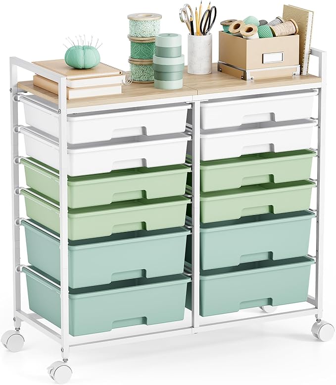 Rolling Storage Cart with 12 Drawers, Wooden Tabletop Utility Cart by TOOLF