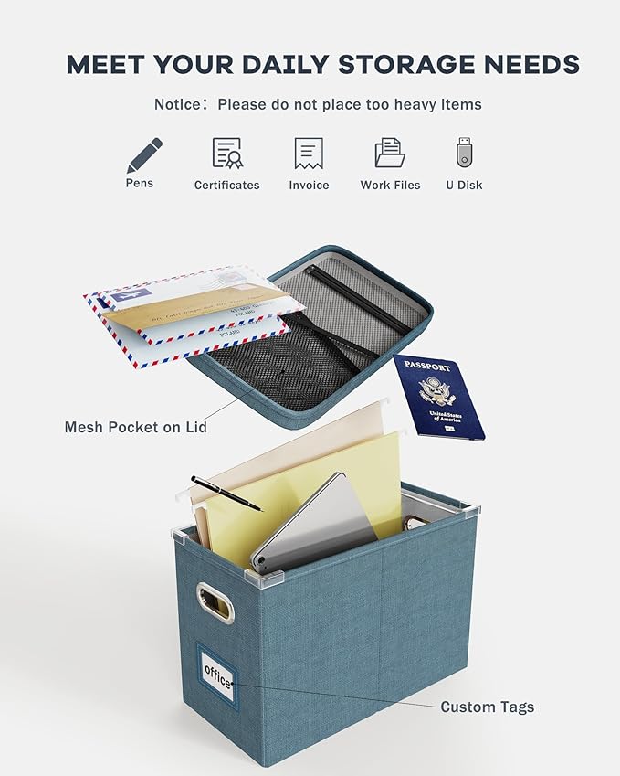 Oterri File Organizer Box with Lid, Hanging Filing File Box with Mesh Pocket - Image 4