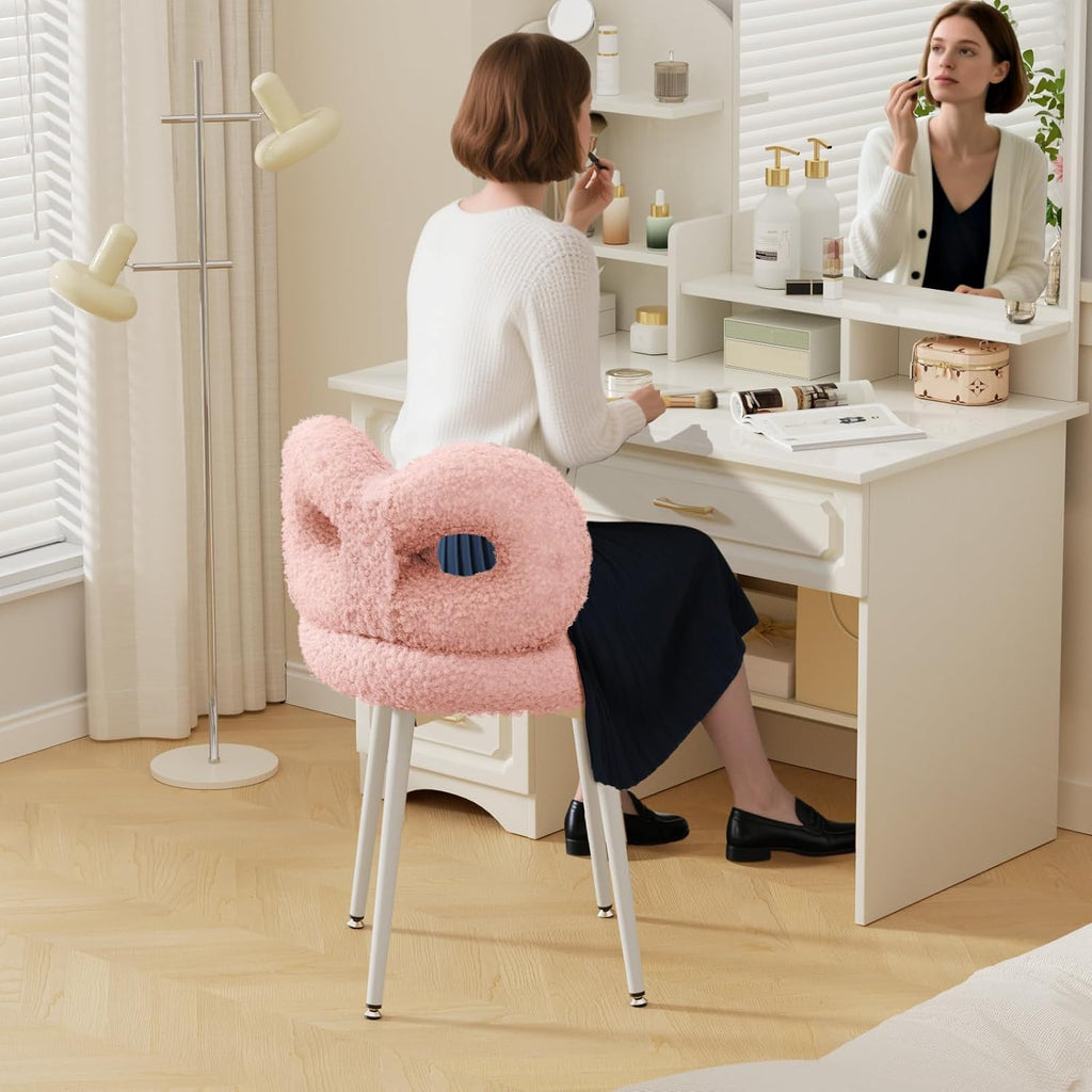 ROOMTEC Swivel Vanity Chair with Back, Upholstered Desk Chair for Girls, Modern Makeup Vanity for Bedroom, Living Room (Pink)