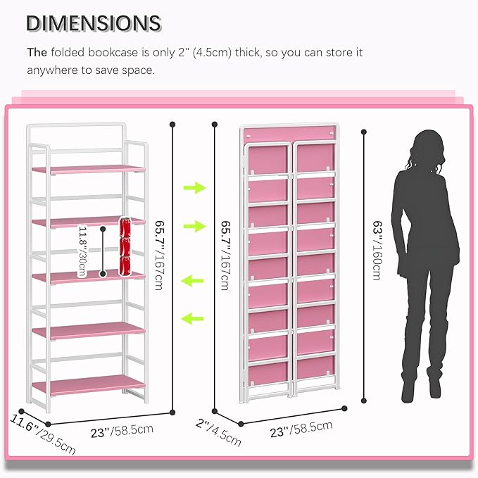 4NM No Assembly 5 Tiers Folding Bookshelf Storage Shelves Vintage Bookcase - Image 2