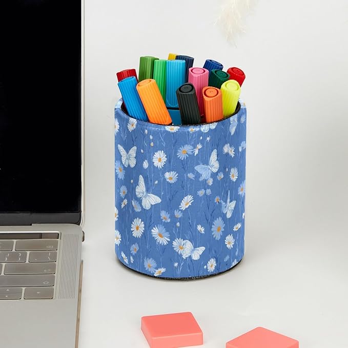 Leather Pen Holder for Desk Blue Butterfly Daisy Pencil Cup Desktop Organizer - Image 5