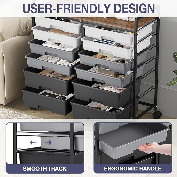 Rolling Storage Cart with 12 Drawers, Wooden Tabletop Utility Cart - Image 5