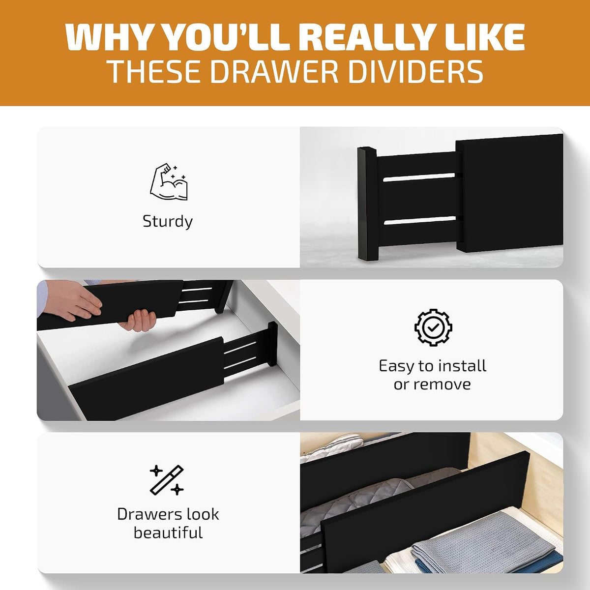 6 Pack Black Drawer Dividers - 6 Inch High for Deep Drawers, Adjustable 11.5 ...