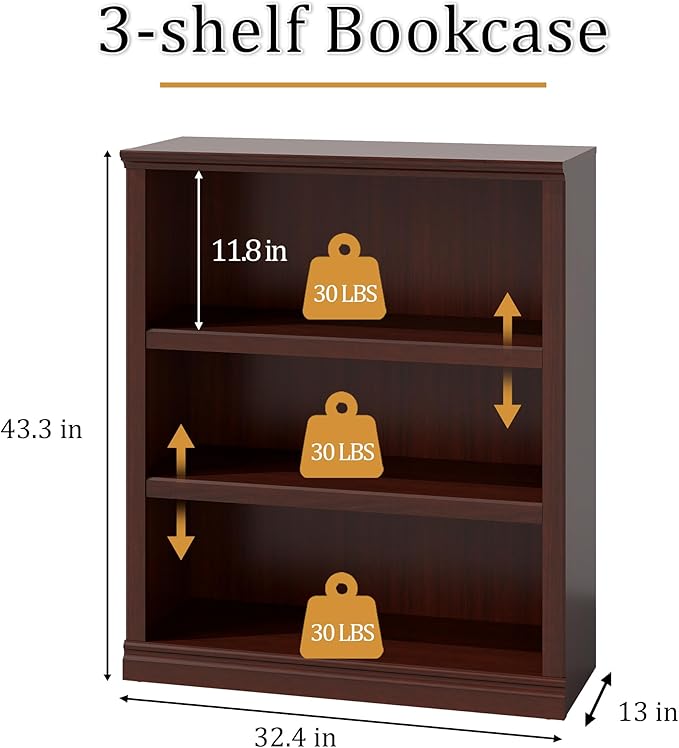 blini 3-Shelf Bookcase Wooden Bookshelves 33in Wide Floor Standing Display - Image 2