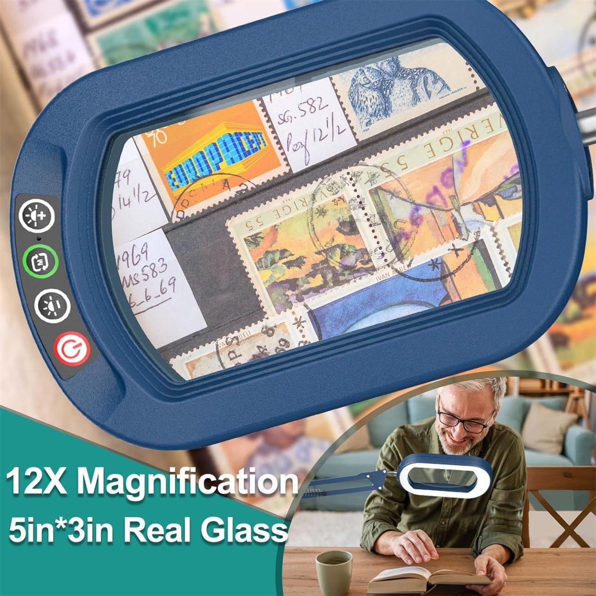 IVMAIE 12X Rectangle Magnifying Glass with Light, 5 Color Modes Stepless Dimm...