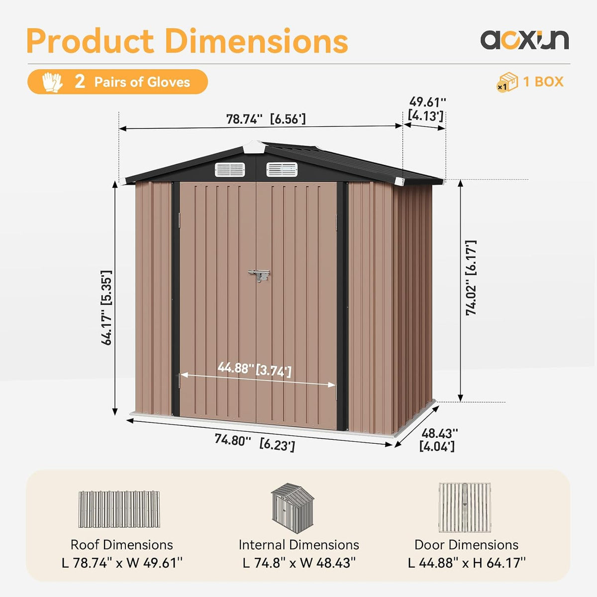 aoxun 6x4 ft outdoor storage shed, brown, front angle view