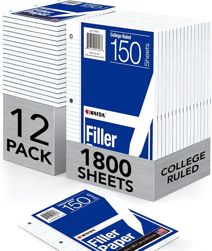 Kaisa Filler Paper Notebook Paper College Ruled 8"x10.5" Loose Leaf Paper by KAISA