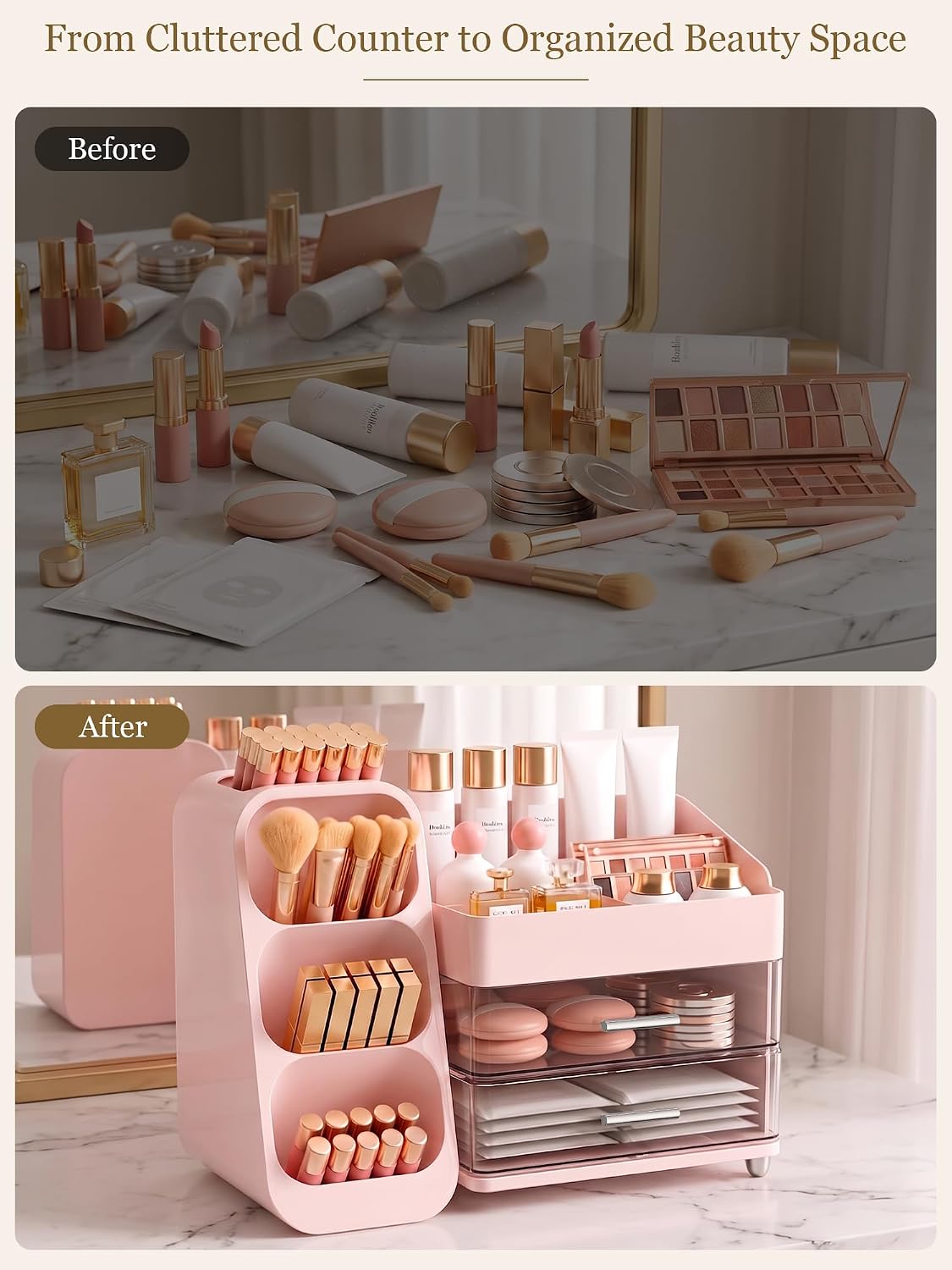 Booklov Large Makeup Organizer for Vanity Countertop, Pink