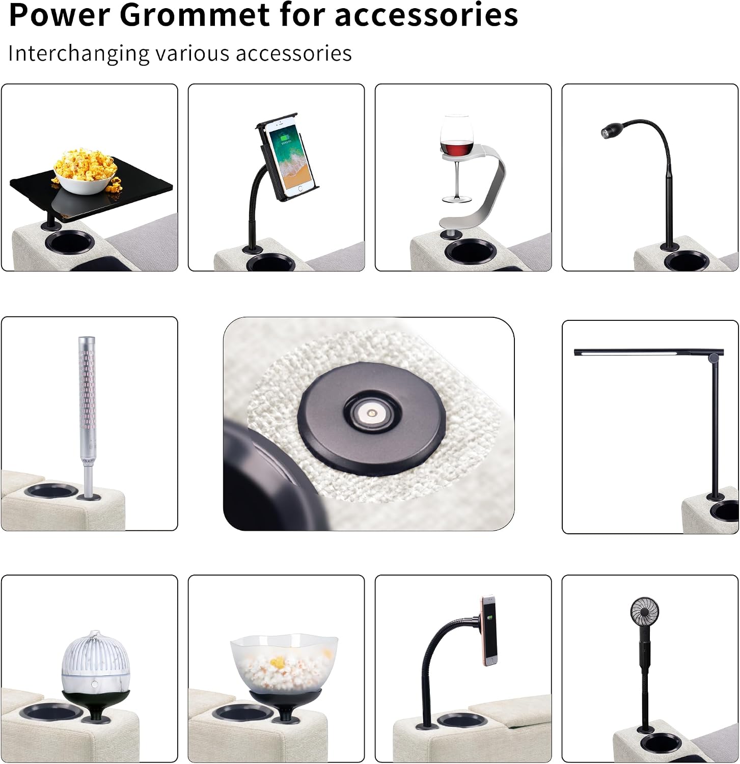 Removable Sofa Armrest with Cup Holder, PU Leather Multifunctional Couch Caddy Storage Arm rest with Power Wireless Charging Stand & LED Reading Light for Sofa Middle Seat Adjustable