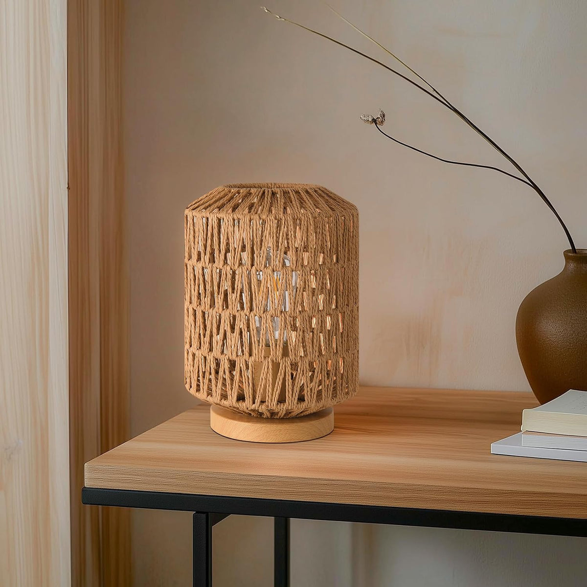Farmhouse Rattan Table Lamp, Rattan Wicker Table Lamp Metal Base, Handmade Bo...