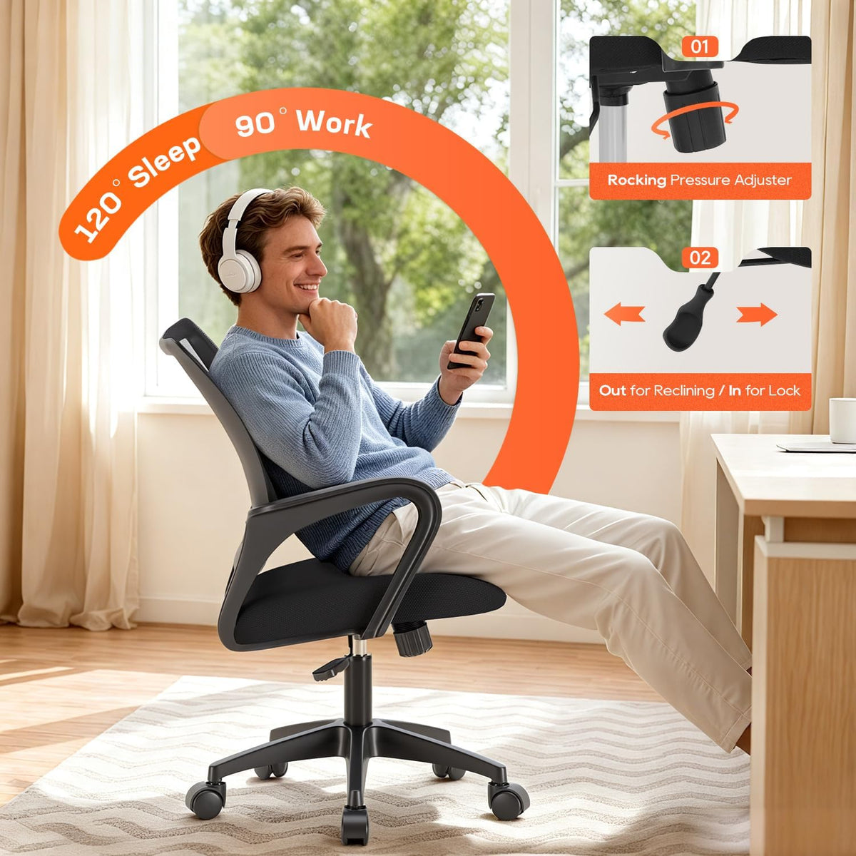 bestoffice ergonomic office chair | mid-back swivel desk, side view